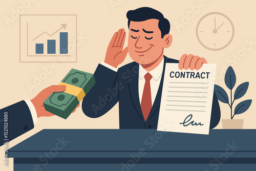 Bribery in business deal concept. Businessman accepting cash under the table for signing contract. Corruption, illegal agreement, financial crime, unethical practice, kickback, payoff vector.