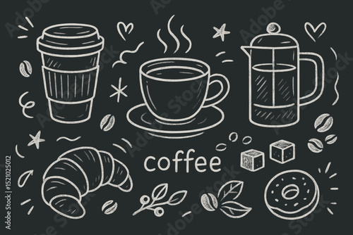Chalkboard coffee doodles set. Hand-drawn vintage cafe menu elements. Retro sketches of coffee cup, beans, croissant, donut, french press, pastry illustration. Breakfast beverage graphics.
