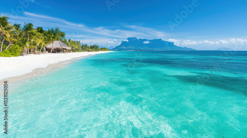 Tranquil island shoreline features teal ocean and golden sand under clear blue sky