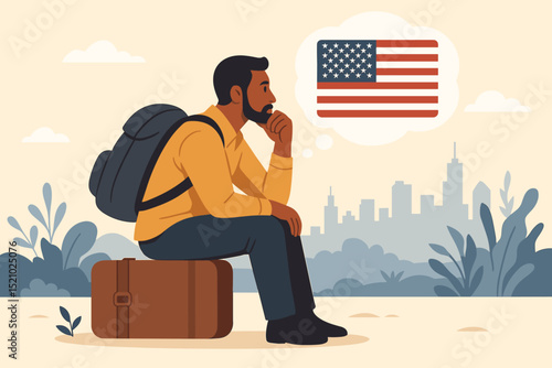 Immigration USA concept. Man contemplates new beginnings, American dream. Traveler with suitcase, backpack imagines future. Relocation, hope, aspiration, journey to America. City skyline vector.