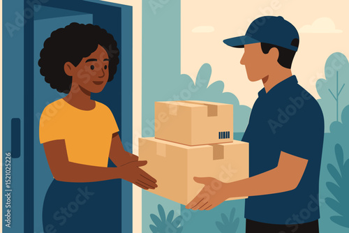 Home delivery service. Courier man hands cardboard boxes to woman customer at front door. E-commerce logistics, online shopping, parcel shipping, order fulfillment, express delivery. Vector.