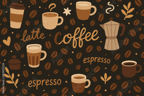 Coffee seamless pattern. Vector illustration. Hand-drawn coffee beans, cups, moka pot, latte, espresso elements. Cafe design. Beverage wallpaper background. Retro vintage drink theme.