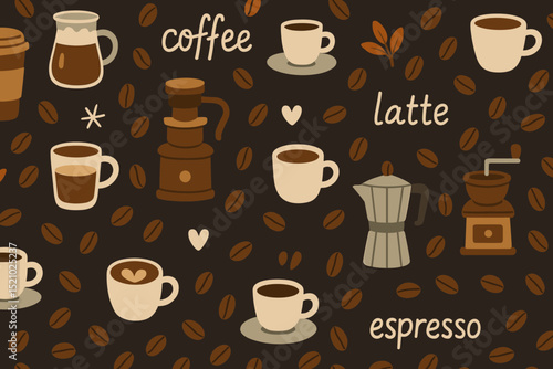 Coffee seamless pattern vector illustration. Retro background with coffee beans, cups, mugs, grinder, moka pot. Latte, espresso, caffeine beverage elements for cafe menu, wallpaper design.