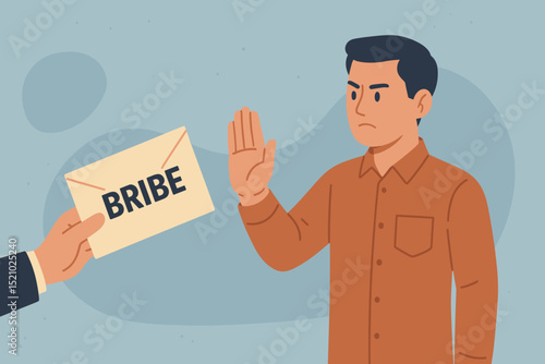 Honest businessman rejecting bribe. Man refuses corrupt money in envelope with stop hand gesture. Anti-corruption, business ethics, integrity, declining illegal payment, fighting temptation.