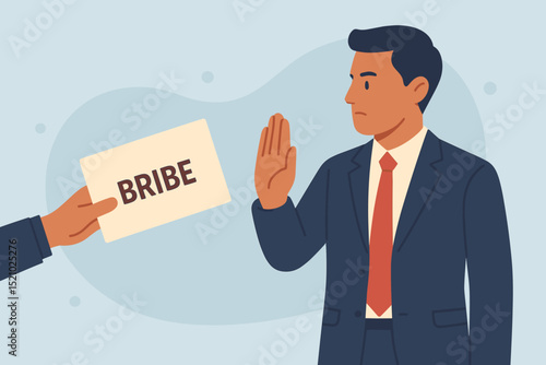 Businessman firmly rejecting bribe offer in envelope. Anti-corruption concept. Honesty, integrity, strong ethics. Man in suit makes stop hand gesture, refusing illegal money. No bribery.