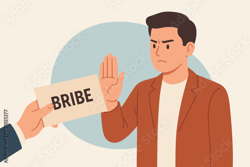 Rejecting bribe concept. Man refuses dirty money in envelope. Anti-corruption, integrity, honesty. Ethical business decision. Stop illegal payment. Financial crime prevention vector art.