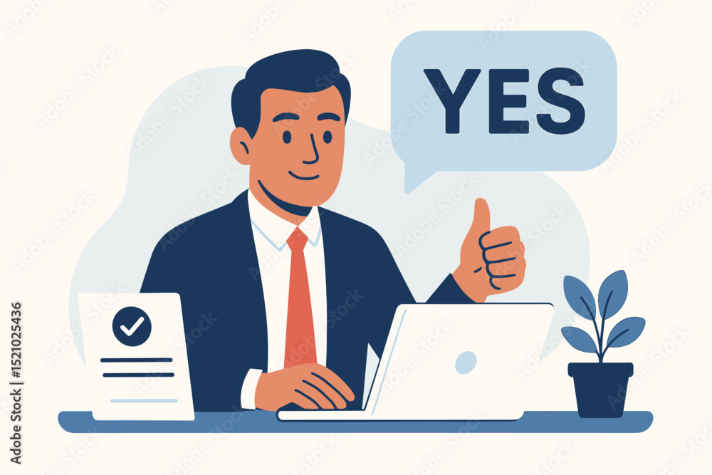 Businessman thumbs up YES. Office desk with laptop. Business deal approval success. Contract signed agreement. Positive feedback. Achievement confirmed. Work success concept. Vector illustration. Businessman thumbs up YES. Office desk with laptop. Business deal approval success. Contract signed agreement. Positive feedback. Achievement confirmed. Work success concept. Vector illustration.