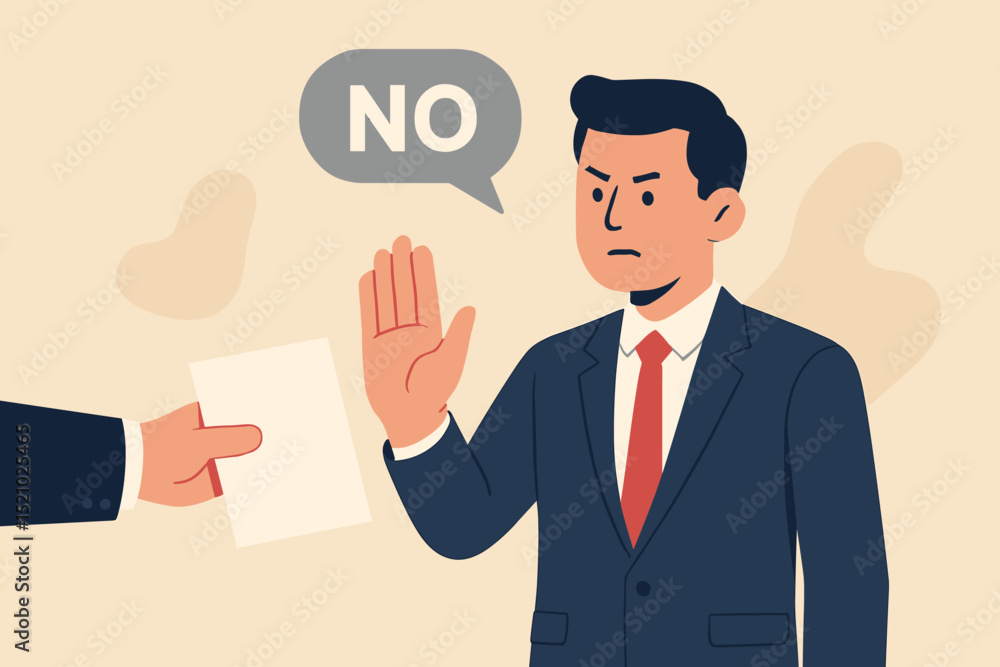 Businessman firmly rejecting document with stop hand gesture. Corporate professional saying no, refusal concept. Business disagreement, declining offer, negative response, conflict illustration. Businessman firmly rejecting document with stop hand gesture. Corporate professional saying no, refusal concept. Business disagreement, declining offer, negative response, conflict illustration.