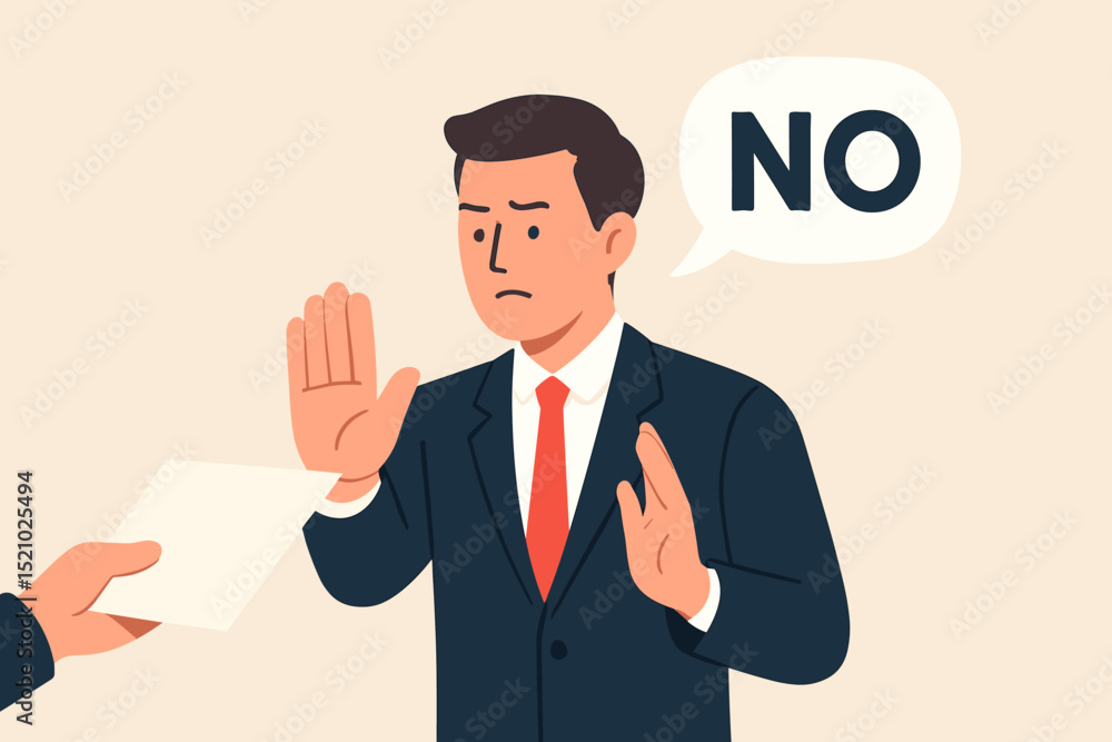 Businessman saying NO, refusal gesture. Rejecting document, contract. Stop, decline offer. Business ethics, anti-corruption concept. Disagreement, disapproval. Vector illustration man in suit. Businessman saying NO, refusal gesture. Rejecting document, contract. Stop, decline offer. Business ethics, anti-corruption concept. Disagreement, disapproval. Vector illustration man in suit.