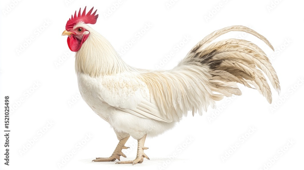 Fototapeta premium White rooster standing upright, isolated on white background,