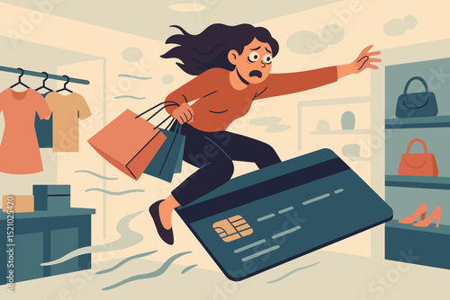 Stressed shopaholic woman flying on a giant credit card in a retail store, symbolizing impulse buying, debt, and overspending. Consumerism, financial crisis, and shopping addiction metaphor.