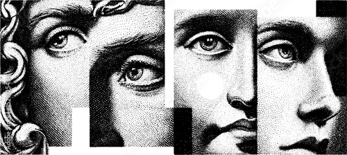 Vintage engraved fragmented faces set for art and design projects