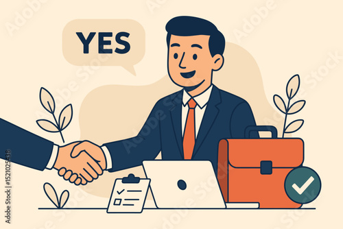 Business deal approval, successful handshake confirming partnership agreement. Man says 'YES'. Laptop, checklist, briefcase with checkmark. Corporate success, teamwork concept vector illustration.