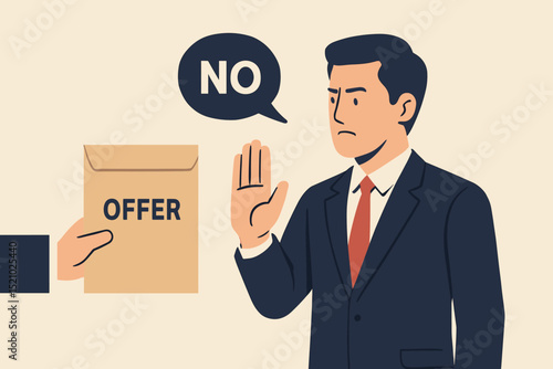 Businessman firmly rejecting offer, hand gesture signaling stop. Man in suit says no to envelope. Anti-bribery concept, business ethics, integrity, declining corrupt proposal illustration.