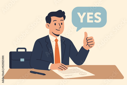 Business deal approval success. Happy businessman character gives thumbs up. 'YES' speech bubble. Signed contract, agreement document on desk. Professional manager illustration vector.