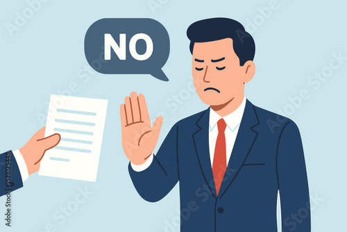 Stern businessman rejects offered document, hand raised in stop gesture, 'NO' in speech bubble. Vector concept of business refusal, declining proposal, contract disagreement, firm denial.