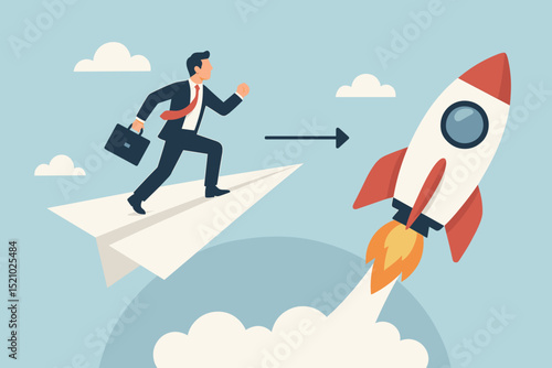 Ambitious businessman upgrade from paper airplane to rocket launch. Business growth strategy. Career development. Innovation. Progress. Success. Leadership. Goal achievement. Future vision. Metaphor.