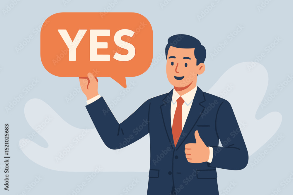 Successful negotiation, agreement concept. Businessman in suit gives thumbs up, holding orange speech bubble with YES. Positive response, deal confirmed, corporate approval. Vector illustration. Successful negotiation, agreement concept. Businessman in suit gives thumbs up, holding orange speech bubble with YES. Positive response, deal confirmed, corporate approval. Vector illustration.