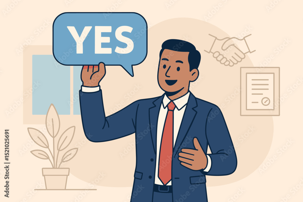 Successful business deal confirmed. Happy businessman holds YES speech bubble signifying agreement. Partnership, contract celebration in office with handshake, certificate icons. Vector illustration. Successful business deal confirmed. Happy businessman holds YES speech bubble signifying agreement. Partnership, contract celebration in office with handshake, certificate icons. Vector illustration.