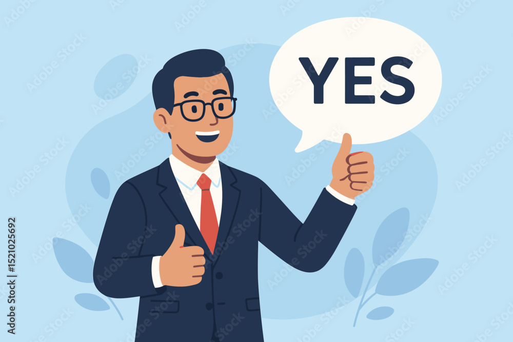 Successful Deal Confirmation. Happy businessman in suit shows thumbs up, YES in speech bubble. Positive agreement, approval, achievement. Corporate success, professional character vector. Successful Deal Confirmation. Happy businessman in suit shows thumbs up, YES in speech bubble. Positive agreement, approval, achievement. Corporate success, professional character vector.