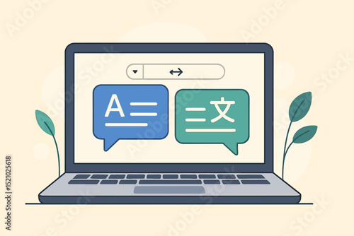 Language translation app on laptop screen. Online translator software for multilingual communication, digital learning, global business. Bilingual text conversion concept vector illustration.