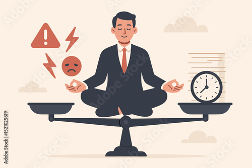 Businessman meditating in lotus pose on scales symbolizing work-life balance. Managing stress, time, and corporate pressure through mindfulness for mental health, calm, and equilibrium.