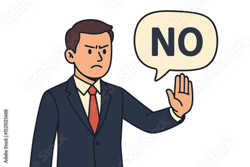 Businessman rejecting offer. Stern man in suit says NO with stop hand gesture. Corporate refusal, disagreement, disapproval concept. Negative response, denial, boundary. Vector illustration.
