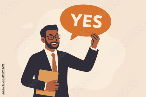 YES. Businessman confirms successful deal. Agreement, contract approval. Positive communication concept. Achievement, partnership, decision. Corporate success. Professional man, speech bubble. Vector.