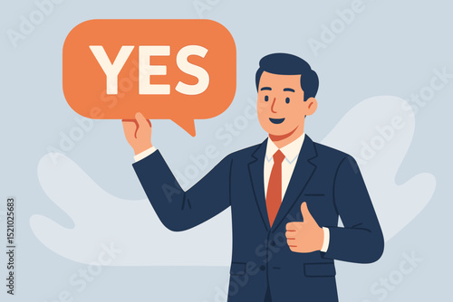 Successful negotiation, agreement concept. Businessman in suit gives thumbs up, holding orange speech bubble with YES. Positive response, deal confirmed, corporate approval. Vector illustration.
