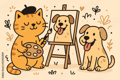 Cat artist painting dog portrait. Cute pets illustration. Creative animal hobby. Feline painter, beret, easel, palette, brush. Happy puppy model. Pet friendship, cartoon vector for kids, art class.