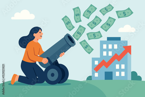 Businesswoman investor launching money from cannon to fuel company growth. Financial investment, startup funding, capital injection, economic success. Vector concept for profit, wealth, market boom.