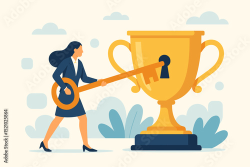 Businesswoman unlocking success with a giant key to a golden trophy. Concept of achievement, strategy, goals, and unlocking potential. Business metaphor for career growth and finding the solution.
