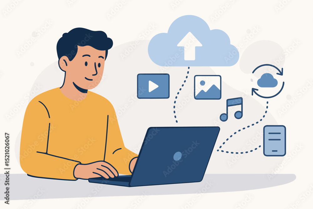 Man Using Laptop Uploading Media Files to Cloud Storage Service. Online Data Backup, File Sharing, Synchronization, Multimedia Streaming, Digital Technology, Internet Communication Concept Man Using Laptop Uploading Media Files to Cloud Storage Service. Online Data Backup, File Sharing, Synchronization, Multimedia Streaming, Digital Technology, Internet Communication Concept