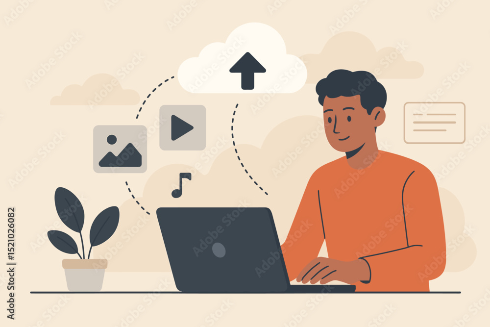 Cloud storage upload concept illustration. Man working on laptop transfers multimedia files, image, video, audio to cloud server. Data management, online backup, digital technology, remote access. Cloud storage upload concept illustration. Man working on laptop transfers multimedia files, image, video, audio to cloud server. Data management, online backup, digital technology, remote access.