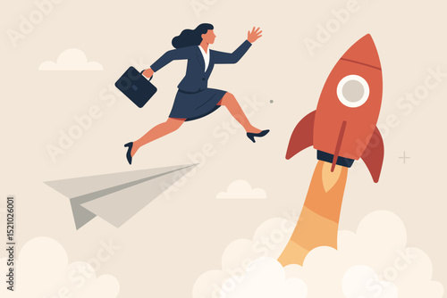 Ambitious businesswoman leaping from paper plane to rocket. Career growth, leadership, opportunity, innovation. Success concept, female empowerment, startup, business advancement, ambition, progress.