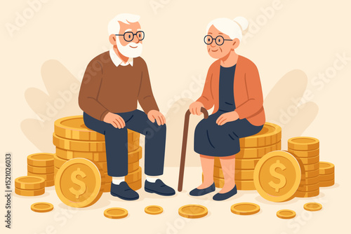 Senior couple financial security concept. Elderly man and woman sitting on gold coins. Wealthy retirement, pension savings, investment planning, money management, future income stability illustration