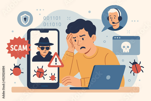 Online scam warning concept. Cybersecurity threat. Internet fraud with hacker, computer virus bugs, phishing alert, malware infection, data theft, identity protection, safe browsing illustration