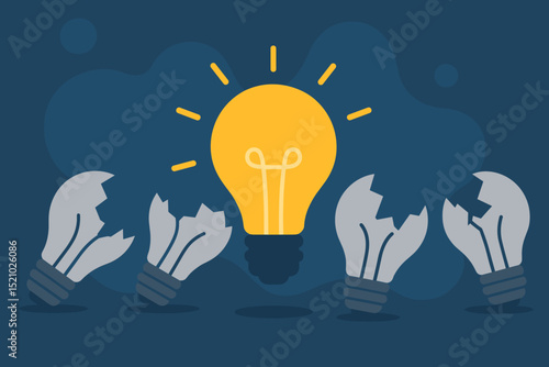 Standout Innovative Idea Emergence Concept—Glowing Yellow Light Bulb Among Broken Bulbs, Solution Thinking, Creativity, Leadership, Unique Inspiration, Breakthrough Business Success Metaphor