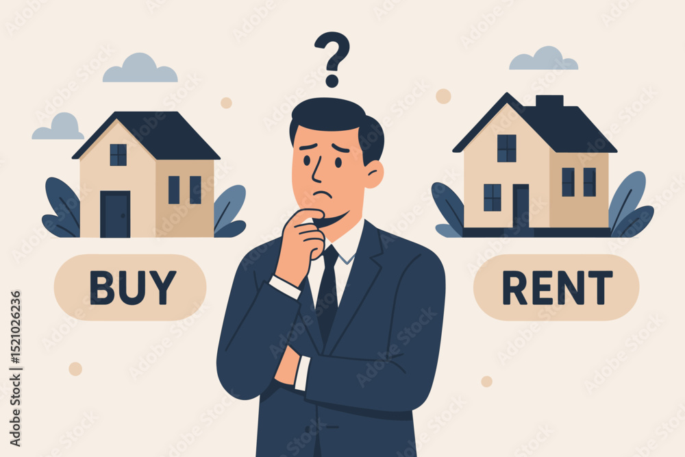Real estate decision concept. Man choosing between buying or renting house. Buy or rent dilemma, housing market, property investment, mortgage, homeownership, leasing vector illustration. Real estate decision concept. Man choosing between buying or renting house. Buy or rent dilemma, housing market, property investment, mortgage, homeownership, leasing vector illustration.