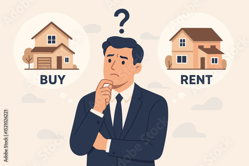 Real Estate Decision Concept. Buy or Rent House Dilemma. Man Thinking About Property Investment, Home Ownership Versus Leasing, Choice, Financial Planning, Mortgage Versus Renting, Housing Market