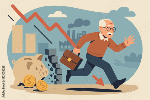 Senior Investor Financial Crisis Escape, Retirement Savings Loss, Economic Recession, Market Crash, Piggy Bank, Falling Graph, Businessman Running from Bankruptcy, Economic Downturn Concept