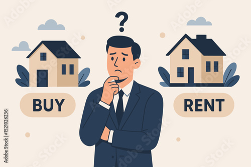Real estate decision concept. Man choosing between buying or renting house. Buy or rent dilemma, housing market, property investment, mortgage, homeownership, leasing vector illustration.