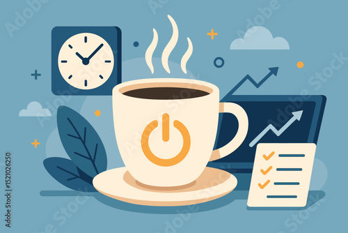 Morning Coffee Break Motivation. Productivity Boost. Cup of Hot Coffee With Power Symbol. Office Desk. Time Management. Checklist. Growth Chart. Business Success Concept. Flat Vector Illustration