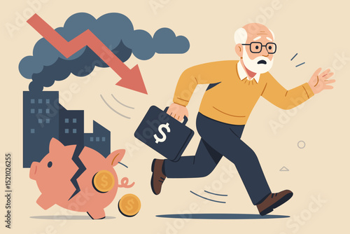 Investor fleeing financial crisis. Economic downturn, bankruptcy risk. Piggy bank breaking, falling stock market, recession, company collapse. Businessman running with money briefcase.