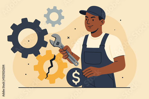Skilled Mechanic Repairing Broken Gear with Wrench. Industrial Maintenance Worker, Technical Service, Engineering Concept. Machinery Fix, Manufacturing, Mechanical Labor, Income and Repair Costs