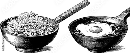Engraved culinary art of fried rice and wok dish for kitchen decor and menu design