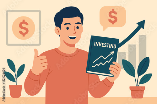 Happy man promoting "Investing" book, showing thumbs up, with rising stock chart, dollar signs, and plant decor. Financial education, wealth growth.