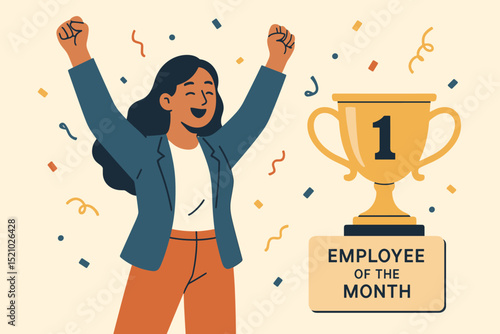 Happy Triumphant Businesswoman, Employee of the Month, Celebrating Success. Woman with Fists Raised Near Golden Trophy, Award, Reward. Victory, Achievement, Recognition, Promotion, Winner, Happiness
