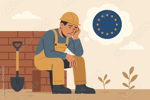 Thoughtful Construction Worker Sitting, Contemplating Future or Migration to European Union for Job Opportunities, New Horizons, Better Life, and EU Economic Stability