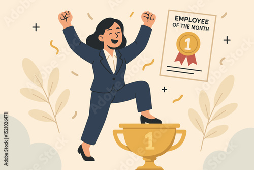 Triumphant businesswoman celebrating success, winning employee of the month award, standing on a golden trophy. Corporate achievement, career growth, recognition and victory concept vector.